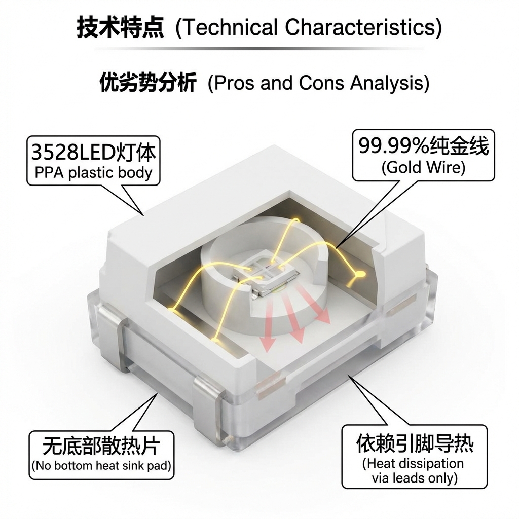 3528灯珠内部结构3D剖切示意图,显示PPA塑料支架、LED芯片和金线,重点突出其无底部散热片,热量仅通过引脚导出的散热短板