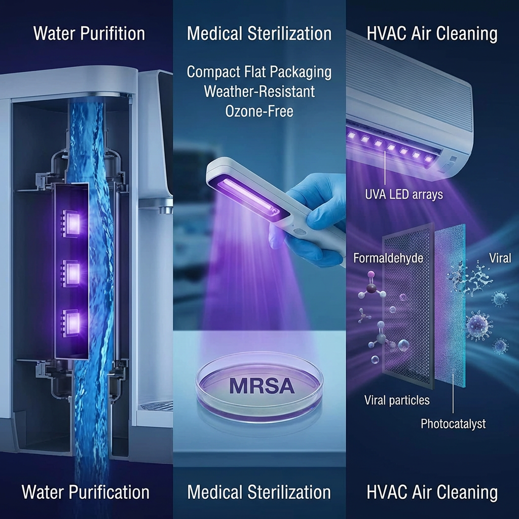 平面UVC+UVA双波段深紫外线紫光杀菌LED：技术原理、杀菌效能与工程应用解析 (2026)