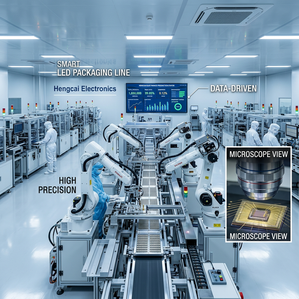 恒彩电子现代化LED智能封装产线全景，展示高速运转的精密机械臂和实时数据看板，象征从人工到智能的飞跃。