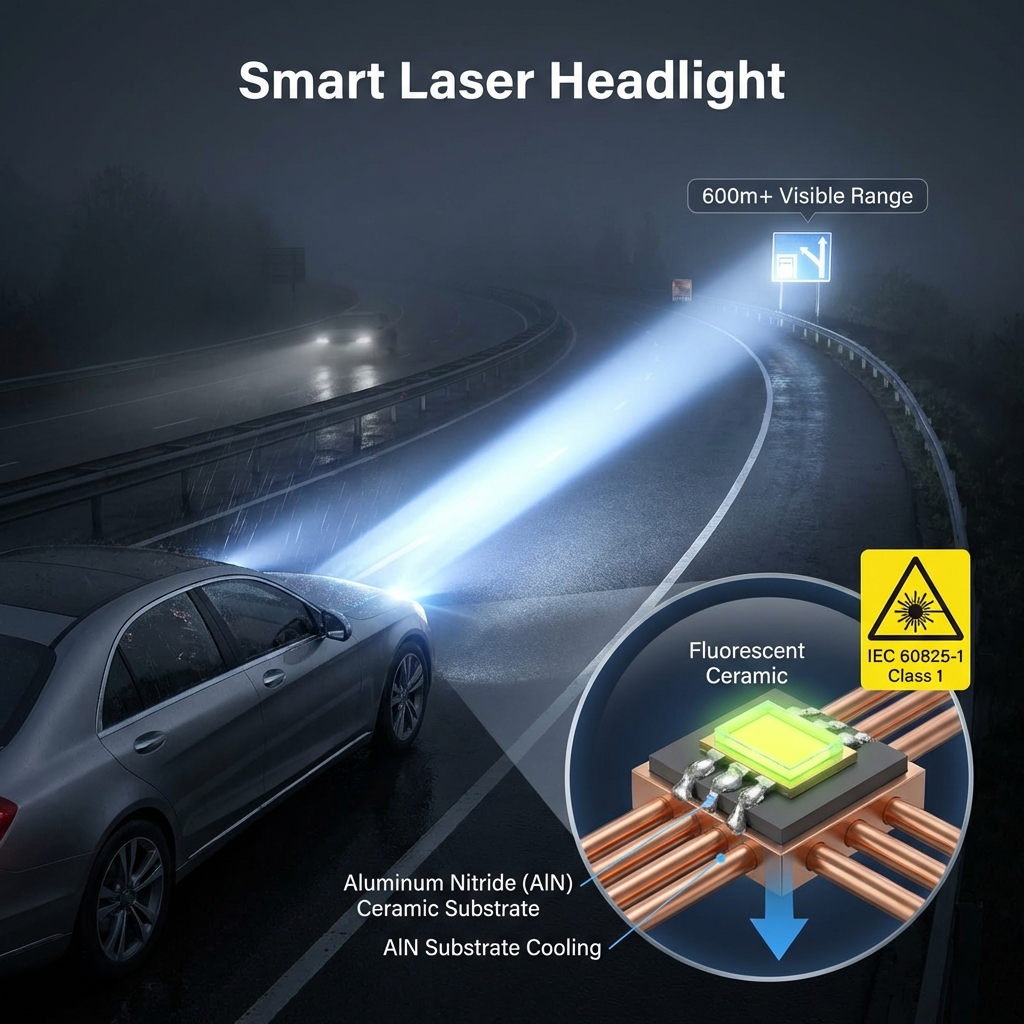智能汽车激光大灯在夜间雾气中提供600米以上远光照明,并展示灯珠内部氮化铝基板和热管进行高效散热,符合IEC安全标准的应用场景图。