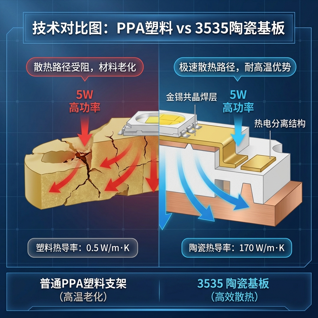 技术对比图,左侧是高温下发黄变脆的PPA塑料支架截面,右侧是带有热电分离结构和金锡共晶焊层的3535陶瓷基板截面,强调陶瓷材料的卓越散热与耐高温优势。
