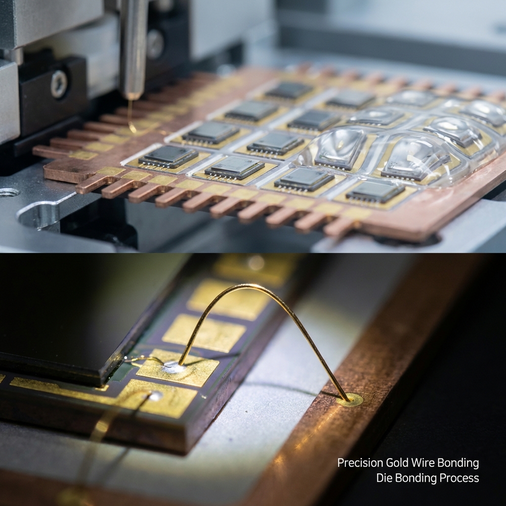 显微视角下的LED封装生产线，特写展示焊线工艺中99.99%纯金线连接芯片与铜支架，背景为固晶与灌封过程，体现精密制造