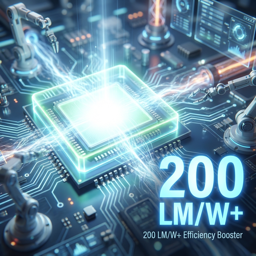 高性能 EMC3030 LED 芯片表面覆盖硼酸盐荧光粉层，示意 200 LM/W+ 光效提升