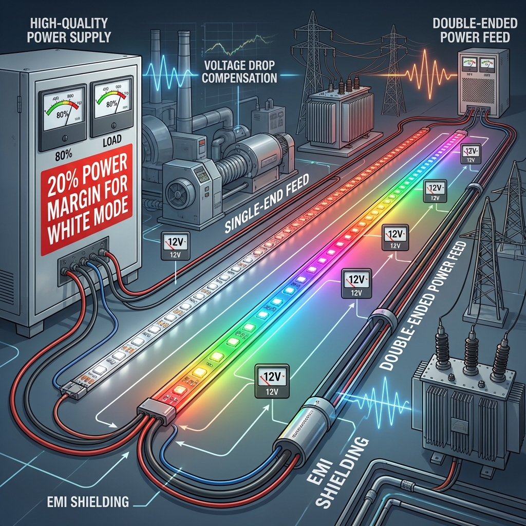 RGB灯带电源配电与长距离供电解决方案示意图：对比单端供电导致的压降与双端供电或中间补电的电压稳定效果，强调20%功率余量和压降补偿。