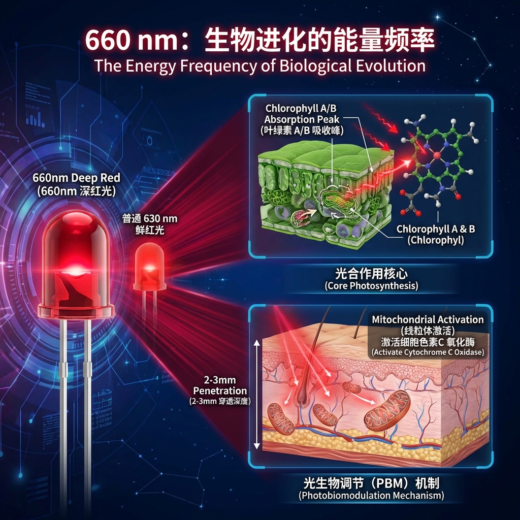 660 nm LED 信息图：展示深红光 LED 灯珠，光束分为两路，一路被植物叶绿素高效吸收促进光合作用，另一路穿透皮肤组织激活线粒体，强调其在生物进化的能量频率中的核心地位。