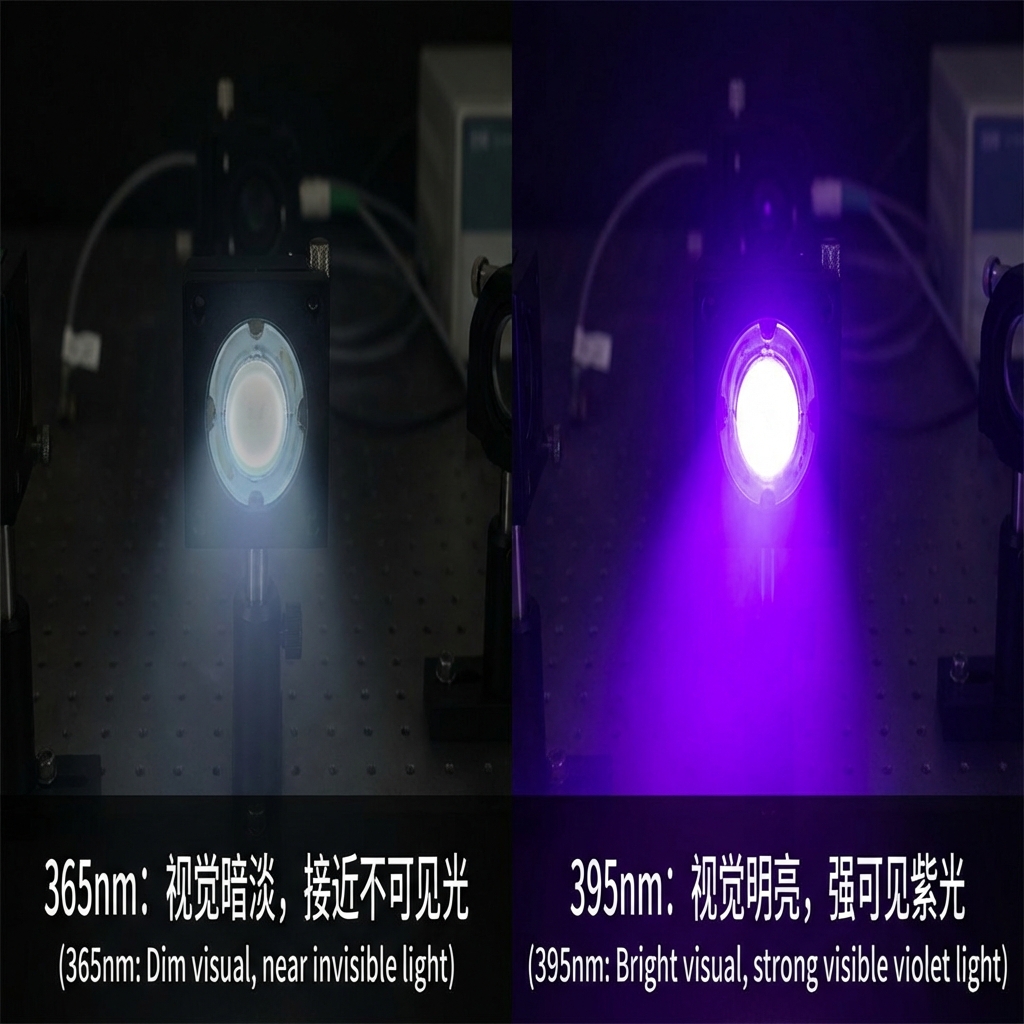 365nm与395nm紫光灯珠视觉效果对比：左侧365nm光线微弱，右侧395nm光线强紫耀眼。