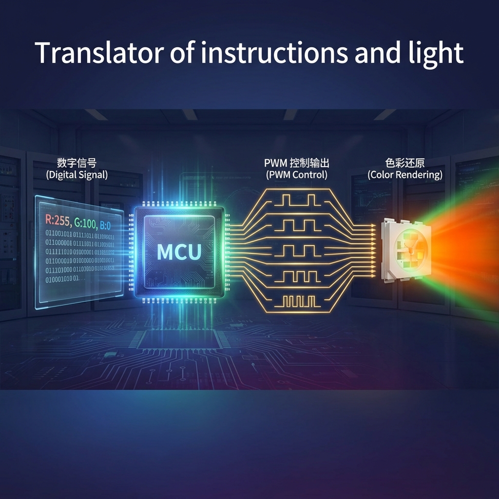 RGB控制逻辑示意图：微控制器将数字信号（R:255, G:100, B:0）通过PWM脉冲输出转换为5050 RGB LED的精准橙色光芒，展示指令到光线的转换过程。