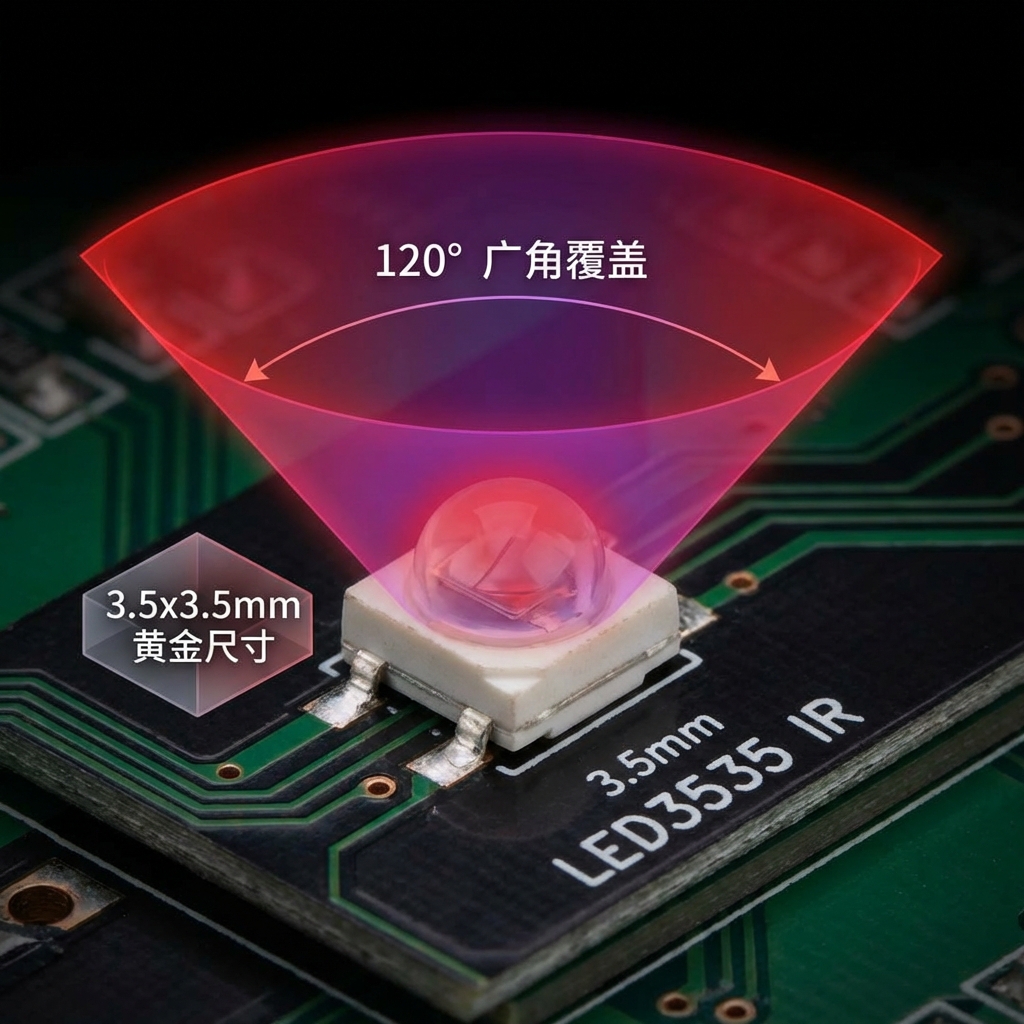 LED3535红外灯珠实物与120度广角发光原理图，展示3.5x3.5mm尺寸和泛光效果