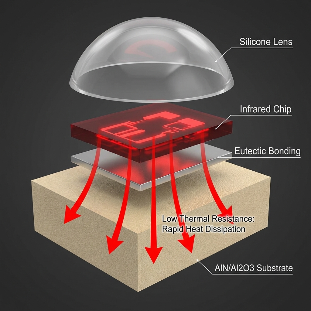 3535陶瓷红外发射管内部结构拆解图，展示硅胶透镜、红外芯片、共晶焊层及高导热陶瓷基板，并示意热量垂直传导路径。