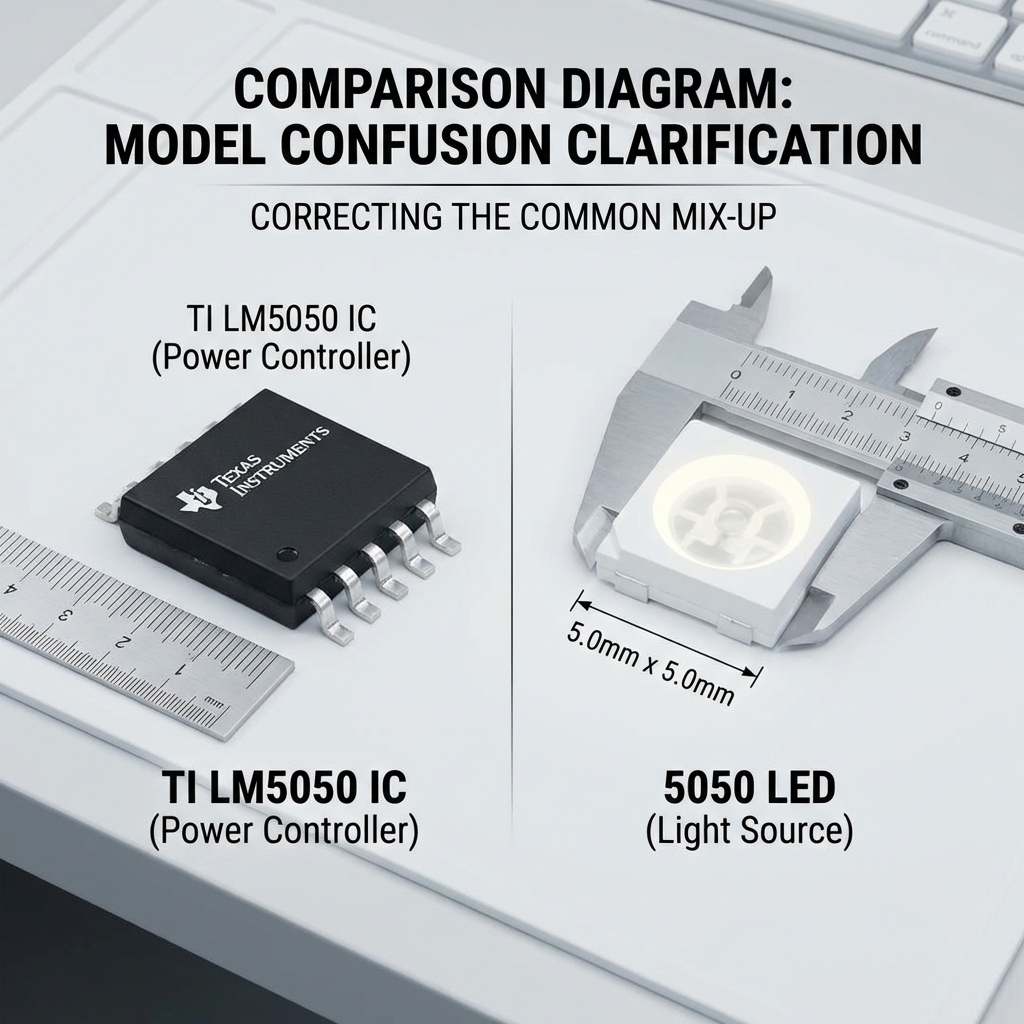 TI LM5050电源控制器芯片与5050 SMD LED灯珠对比图，以区分两者混淆的误区。