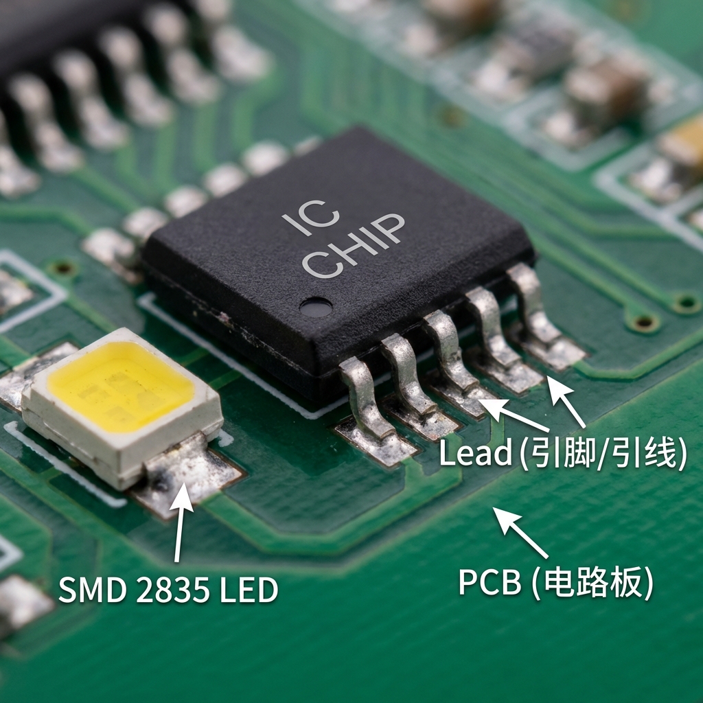 一颗恒彩电子SMD 2835 LED灯珠和IC芯片在PCB电路板上，清晰展示其金属引脚（Lead）与电路板的连接，突显Lead作为电气桥梁的作用。