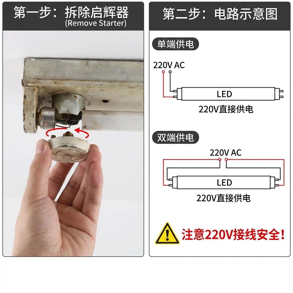 老式日光灯架改造LED灯管的步骤图,包括拆除启辉器和220V直接供电的接线方式示意,区分单端和双端供电。
