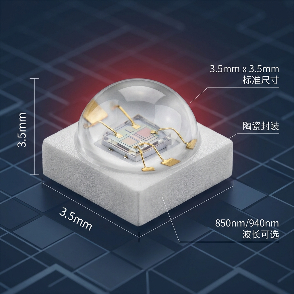 3535陶瓷红外线灯珠特写：3.5mm x 3.5mm标准尺寸，陶瓷封装，850nm/940nm波长可选，展现高端可靠性