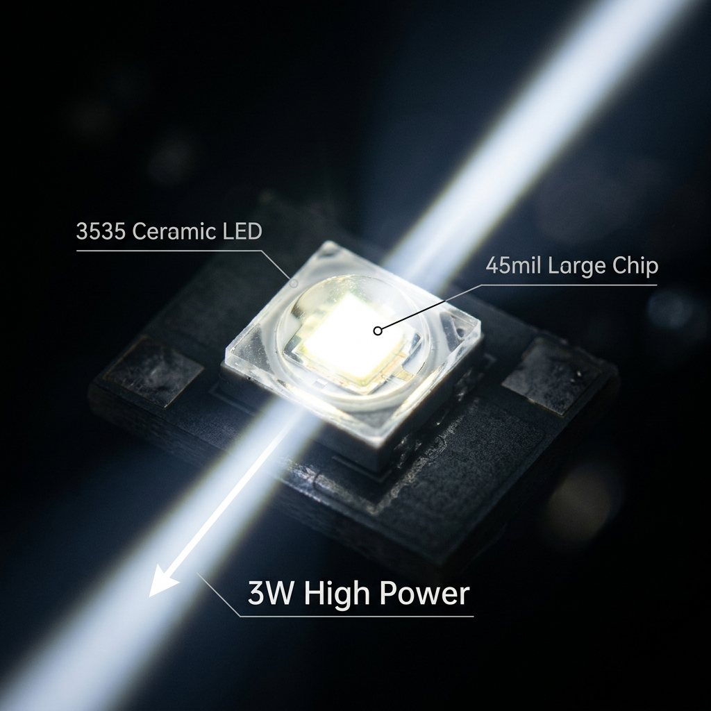 高亮3W LED3535陶瓷灯珠特写，展示45mil大芯片与强劲白光，突显其高功率特性