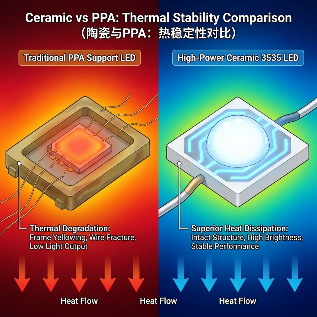 大功率陶瓷LED灯珠与传统PPA封装LED灯珠的热稳定性与光衰对比图,展示陶瓷封装在高温下更长的寿命和更高的光效维持率。