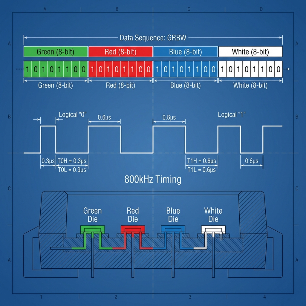 SK6812 RGBW 通信协议与32位数据流解析图