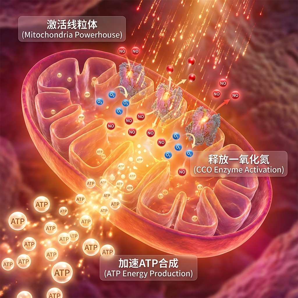 光生物调节(PBM)作用机制示意图,展示红光和近红外光子如何激活细胞线粒体中的细胞色素C氧化酶(CCO),促进ATP能量合成。
