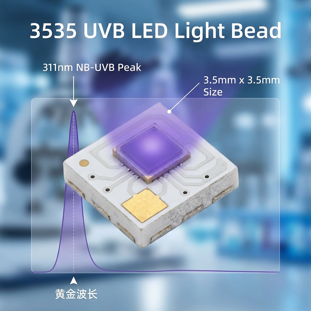 3535 UVB LED灯珠微距特写，展示3.5mm x 3.5mm陶瓷基板和中心芯片发出的柔和深紫色光芒，背景叠加311nm窄谱波峰图，并标注'3.5mm x 3.5mm Size'和'311nm NB-UVB Peak'，强调其黄金波长特性和医疗科技感。