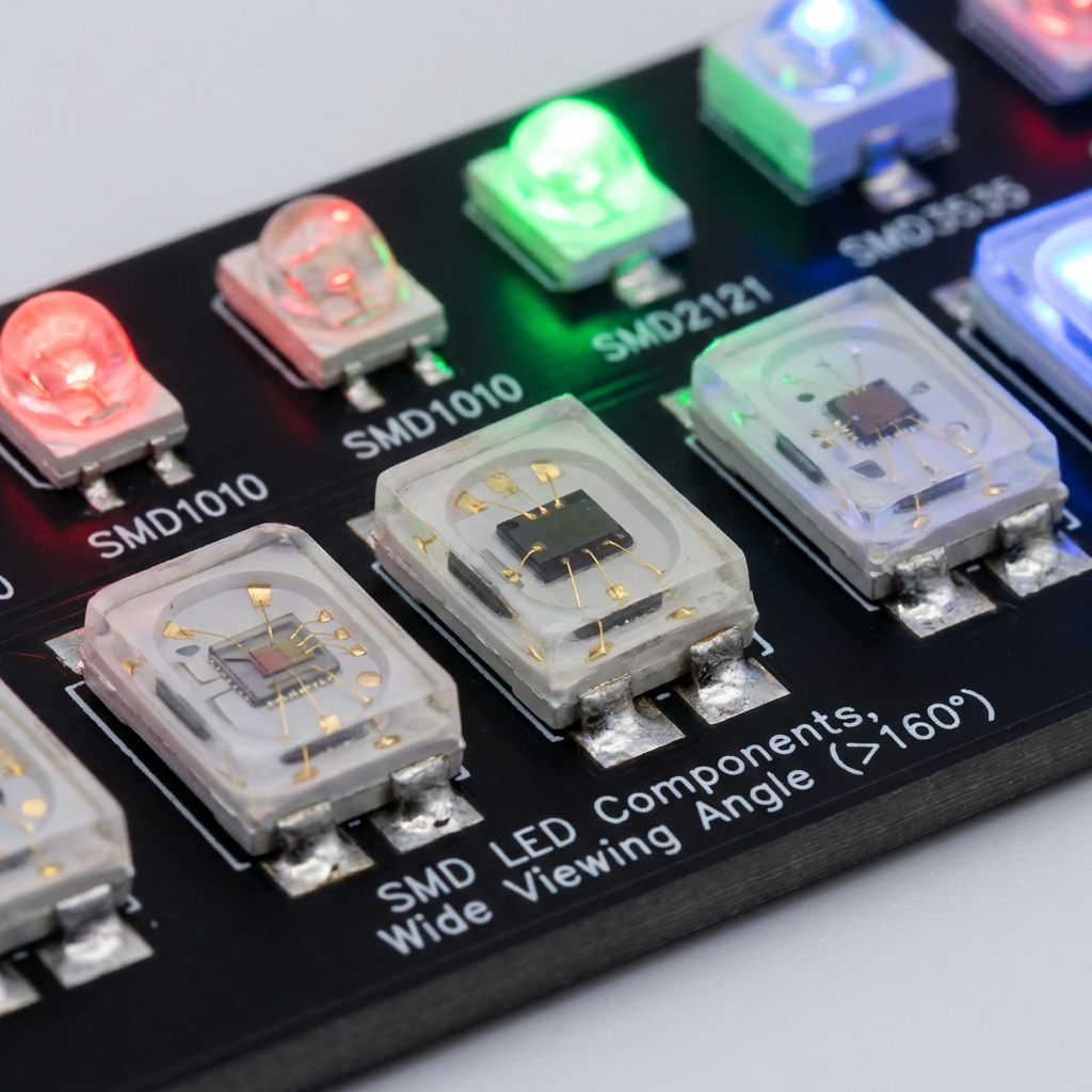 SMD LED灯珠排列在黑色PCB板上，展示其表面贴装工艺和广角均匀扩散的光线，体现色彩一致性