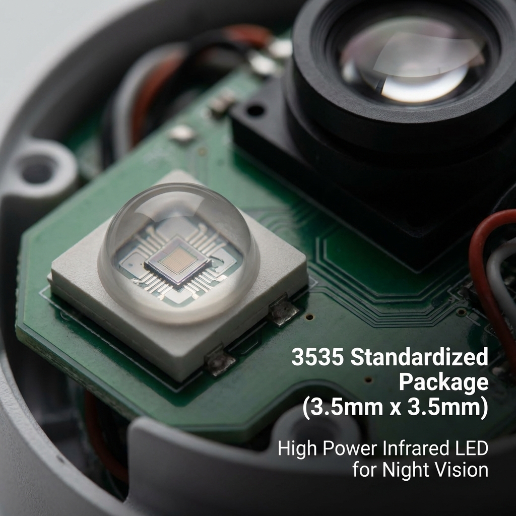 一张3535贴片红外灯珠的特写图，显示其3.5x3.5mm标准化封装，置于电路板上，凸显其作为安防监控大功率红外补光核心组件的精密结构。