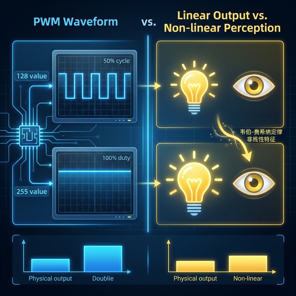 PWM调光原理示意图,对比128值(50%占空比)的方波和255值(100%占空比)的直线波形,并图示人眼对亮度的非线性感知。