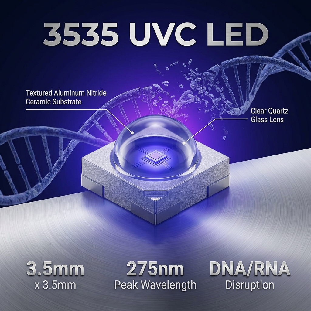 一张高质量的科技感头图，展示3535紫外线LED 275nm灯珠及其破坏微生物DNA的杀菌原理