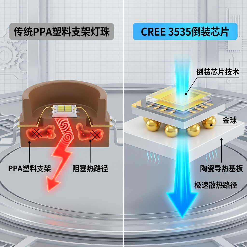 CREE 3535倒装芯片与传统LED散热结构对比图，清晰展示其通过陶瓷基板实现的极速散热路径。