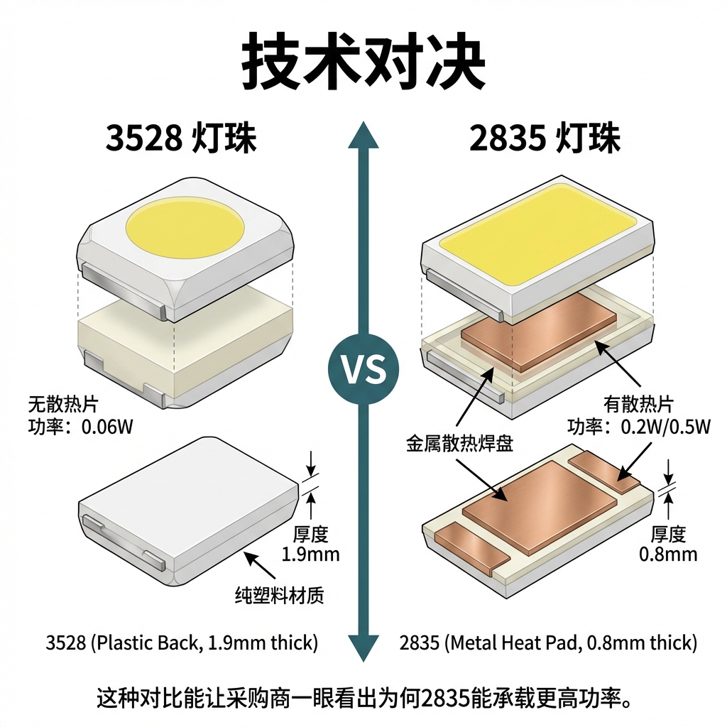 3528灯珠与2835灯珠对比图,展示3528背面无散热片且发光面圆形,而2835背面有金属散热片且发光面长方形,并标注厚度与功率差异