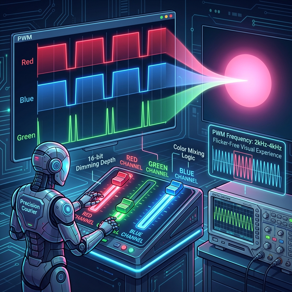 RGB混光原理与PWM调光技术示意图：展示了“精密配送员”通过调节红绿蓝三通道的PWM占空比，实现粉红色光输出，强调2kHz-4kHz的PWM频率以避免频闪。