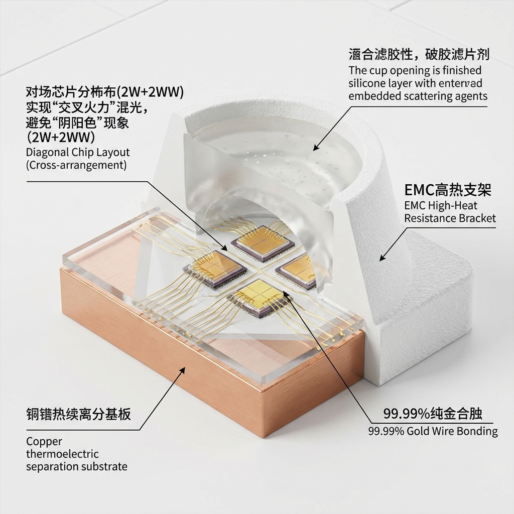 四合一灯珠解剖结构图，展示EMC支架、对角线芯片布局与金线焊接工艺