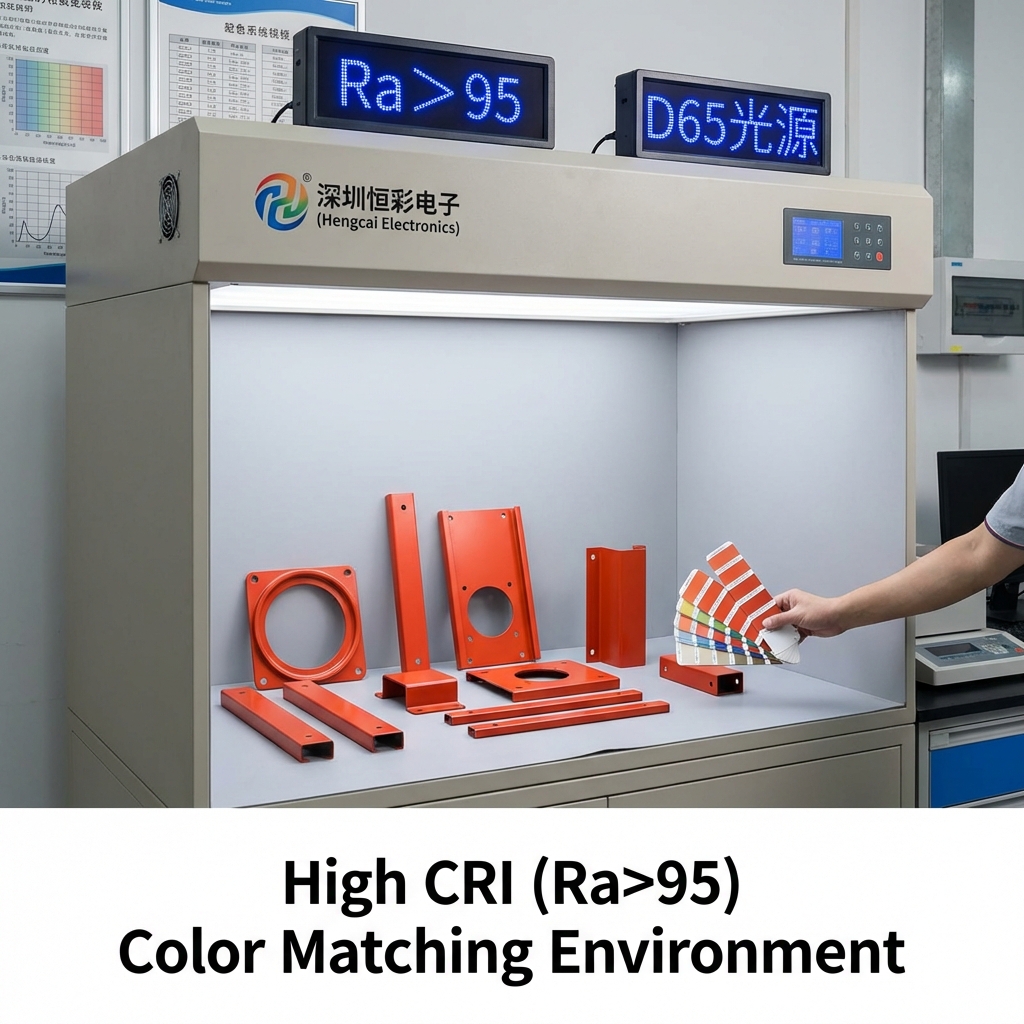 展示一台带有深圳恒彩电子标识的高显色LED灯箱，箱内放置RAL 2002朱红色金属零件，灯箱上方显示Ra > 95和D65光源字样，强调在高显色环境下进行精密对色的重要性。