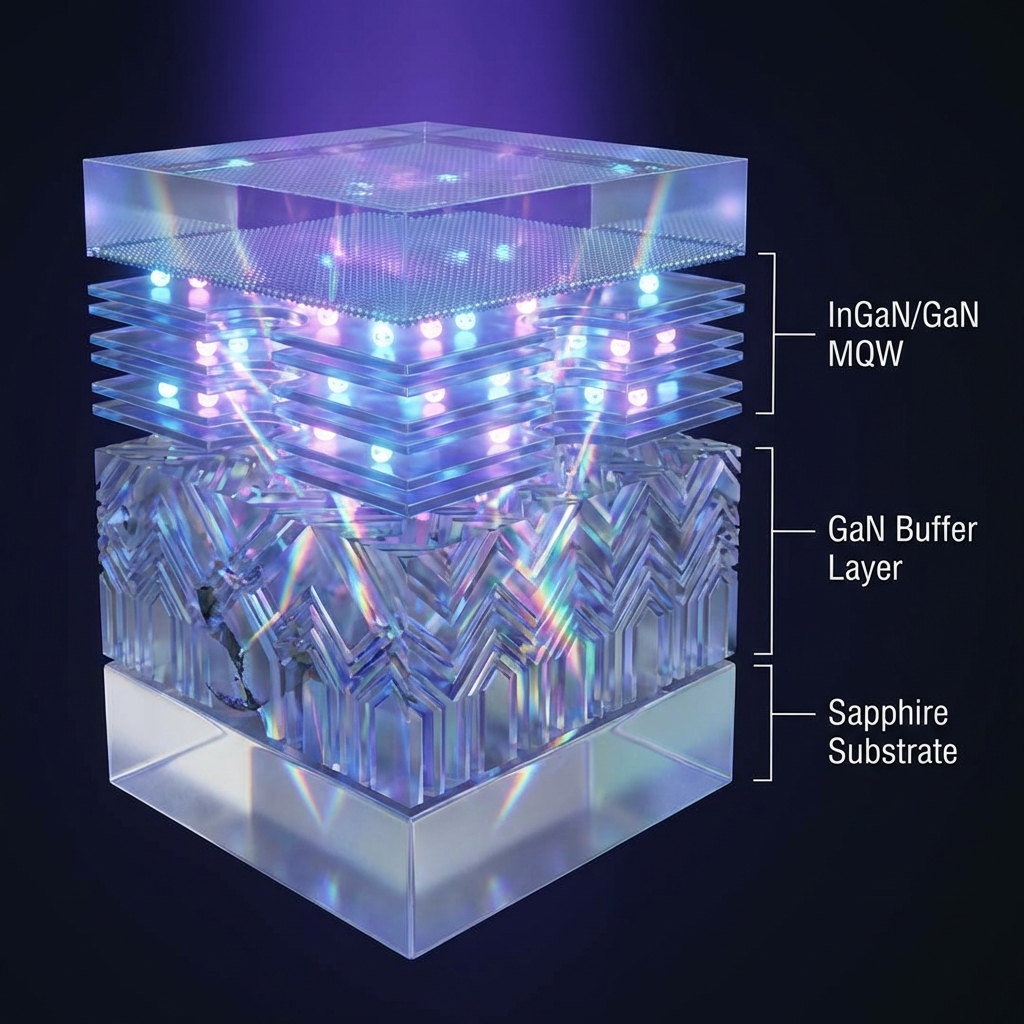 蓝光LED芯片3D微观解剖示意图，显示蓝宝石衬底、GaN缓冲层与InGaN/GaN多量子阱结构