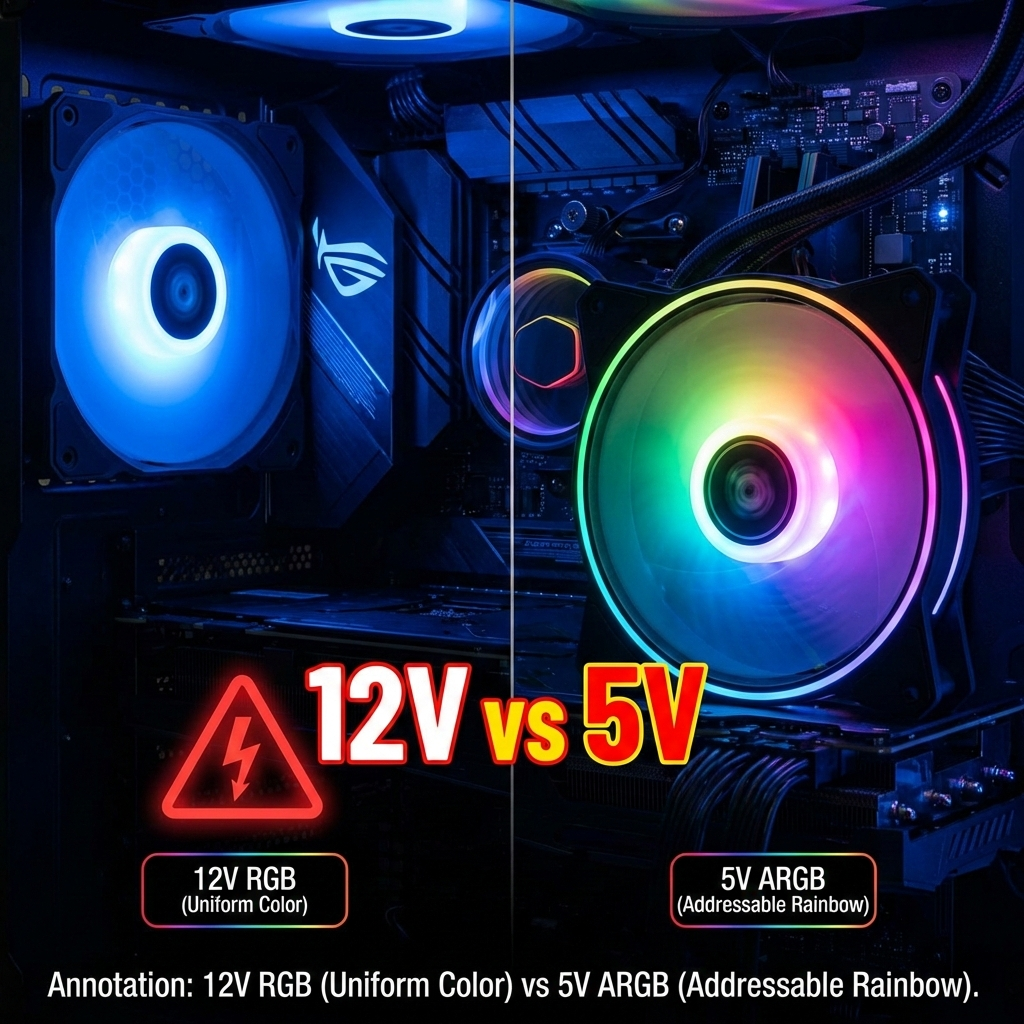 12V RGB风扇显示统一蓝色与5V ARGB风扇显示彩虹流光效果对比，突出12V与5V电压差异及红色警告