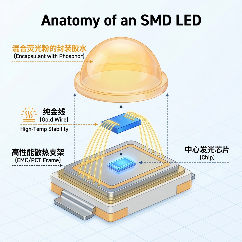 贴片LED灯珠的3D拆解示意图,展示中心发光芯片、纯金线、高性能散热支架(EMC/PCT)和混合荧光粉的封装胶水,强调纯金线在高温下的稳定性。