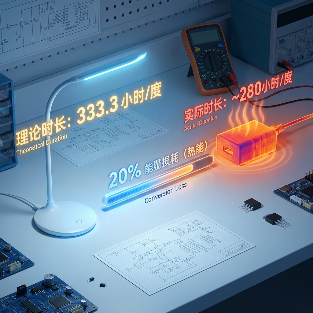 科技感头图,对比展示3W5V设备的理论能耗(333.3小时/度)与实际能耗(约280小时/度),并通过发热电源适配器的红外图像和进度条指出约20%的能量损耗为热能,背景为电子实验室桌面。