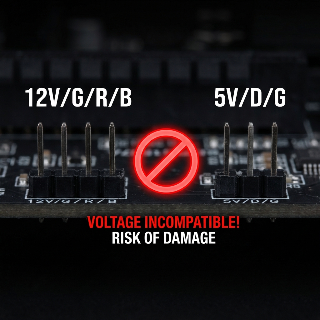 4针12V (12V/G/R/B) 与3针5V (5V/D/G) 接口特写，带电压不兼容警示