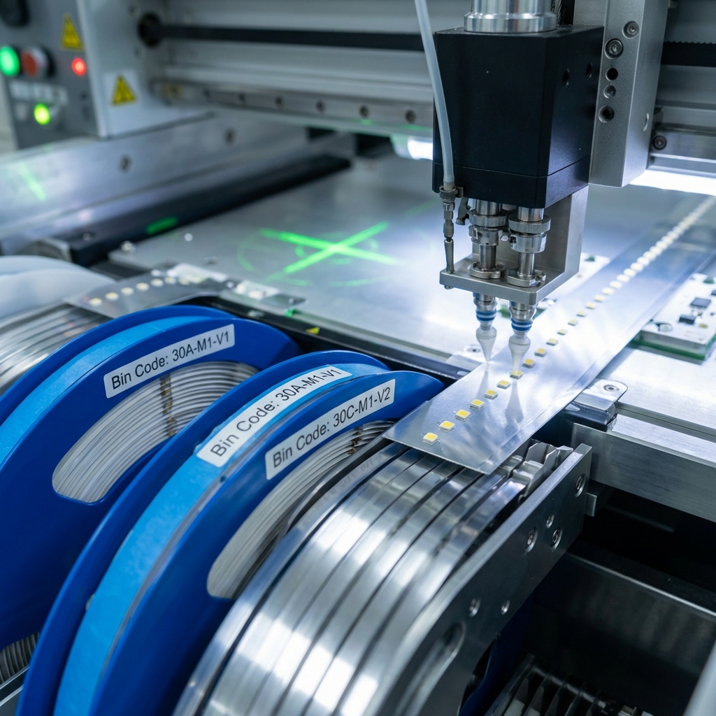 高速SMT贴片机正在铝基板上安装SMD2835灯珠，展示了通过不同Bin Code（分Bin码）料盘进行Kitting（套件）混合的混bin后端流程。
