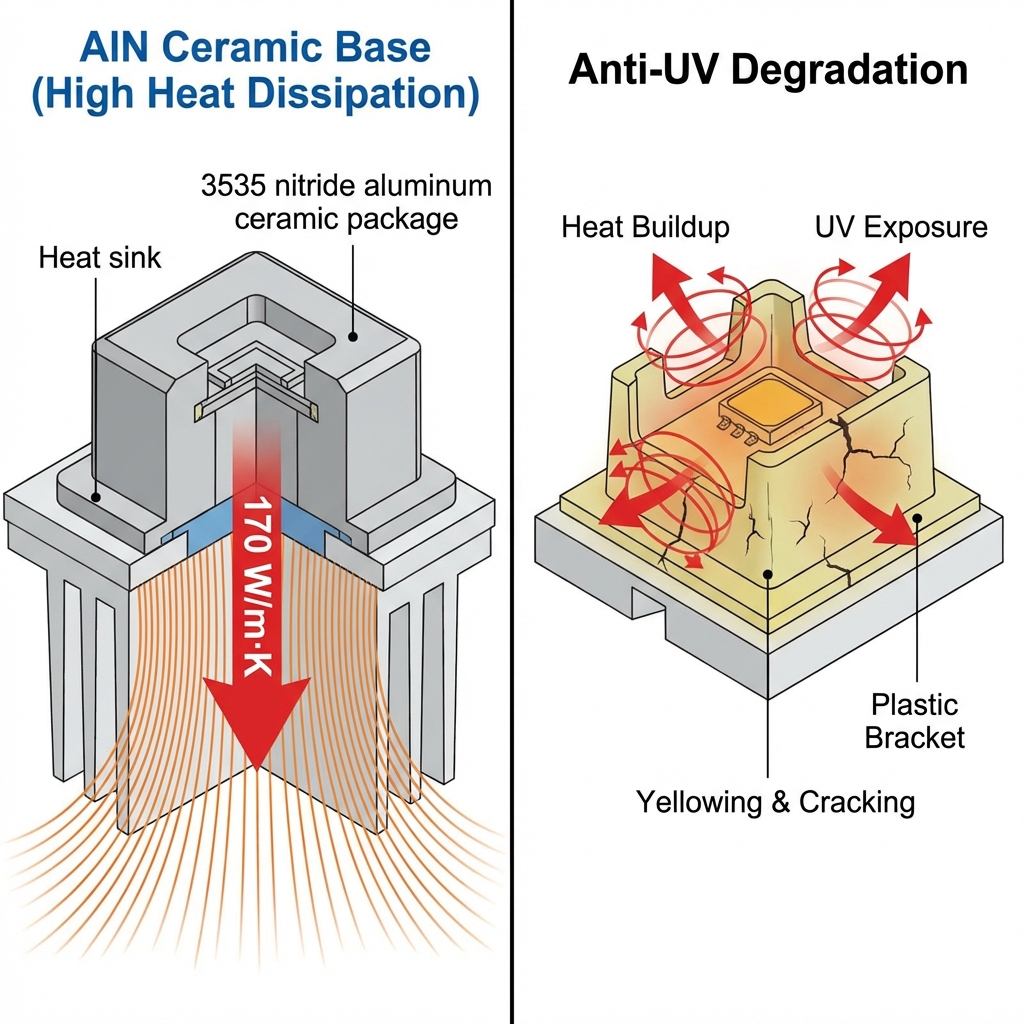 技术对比示意图，左侧为3535氮化铝陶瓷基板，标注热导率170 W/m·K，红色热量箭头迅速传导，强调高散热能力；右侧为普通塑料支架，显示热量堆积和支架发黄开裂，对比其耐UV老化性能，并标注'AlN Ceramic Base (High Heat Dissipation)'和'Anti-UV Degradation'。