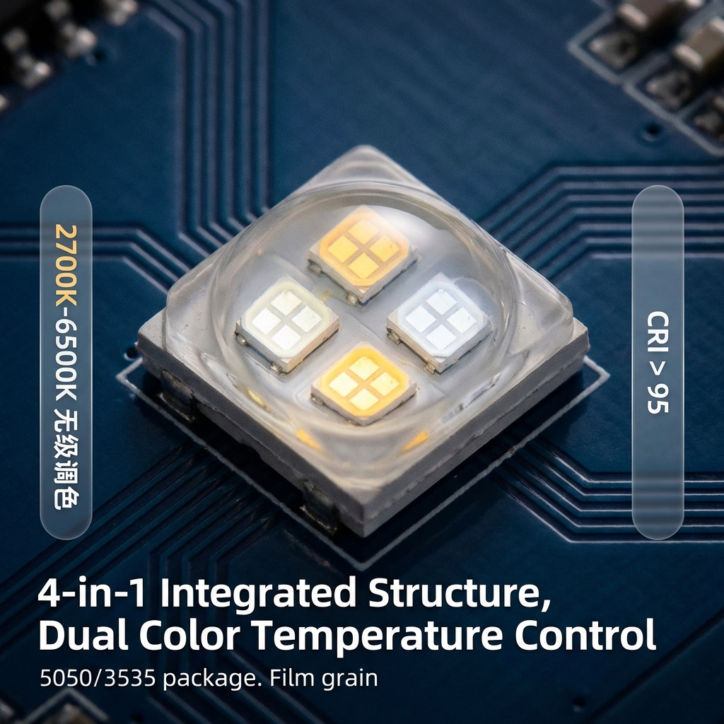 四合一白暖白双色LED灯珠特写，展示内部集成结构与2700K-6500K无级调色能力