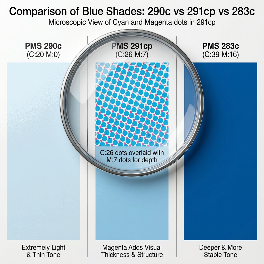PMS 291cp 与 290c、283c 蓝色色调对比：左侧 290c (C20 M0) 淡薄，中间 291cp (C26 M7) 更具层次，右侧 283c (C39 M16) 更深稳。291cp 放大镜下可见青色与品红网点。