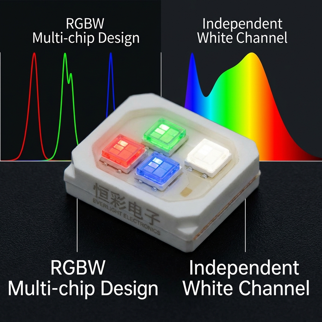 微距镜头下的RGBW陶瓷灯珠，清晰展示红、绿、蓝三色芯片旁独立的白色(W)芯片，突出RGBW多芯片设计和独立白光通道如何提升白光质量。