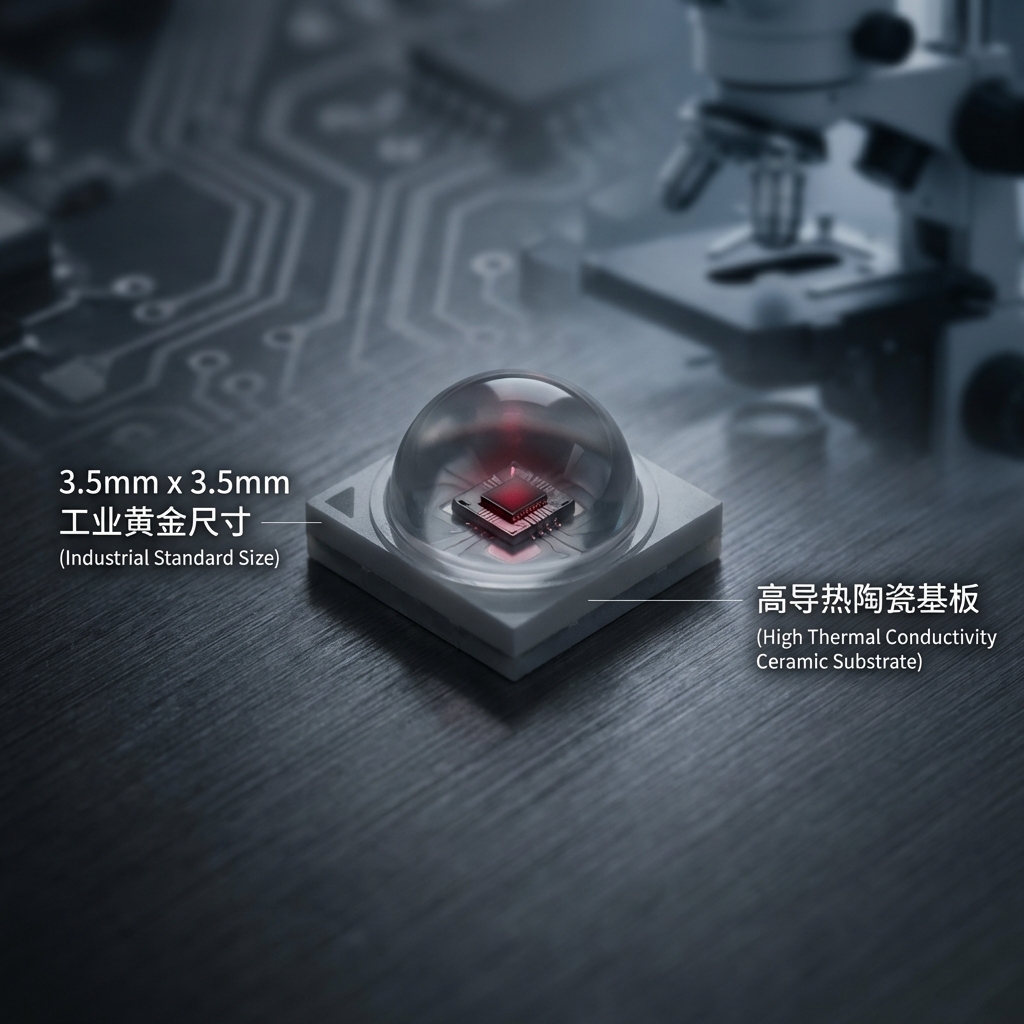 3535陶瓷红外线LED：特写一颗置于黑色拉丝金属表面上的3535陶瓷红外线LED，清晰展示其3.5mm x 3.5mm的方形陶瓷基板边缘和顶部的半球形透明硅胶透镜。透镜内部隐约可见微小的发光芯片，散发出深邃的微弱暗红色光芒。背景是柔焦的电路板和显微镜轮廓。左侧标注“3.5mm x 3.5mm 工业黄金尺寸”，右侧标注“高导热陶瓷基板”。