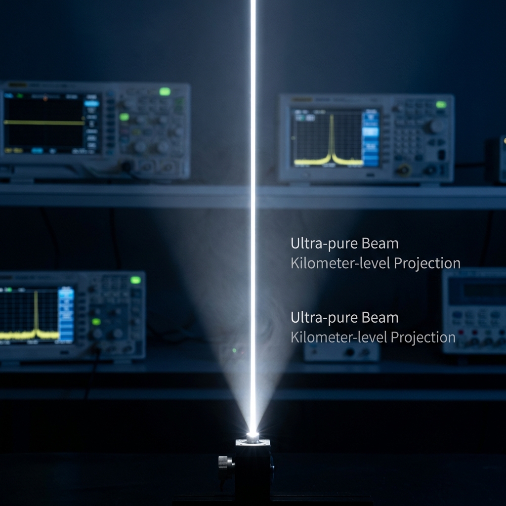 恒彩电子实验室中,一颗大功率LED白激光灯珠点亮,发出纯净且具穿透力的光束,展现其公里级投射潜力。