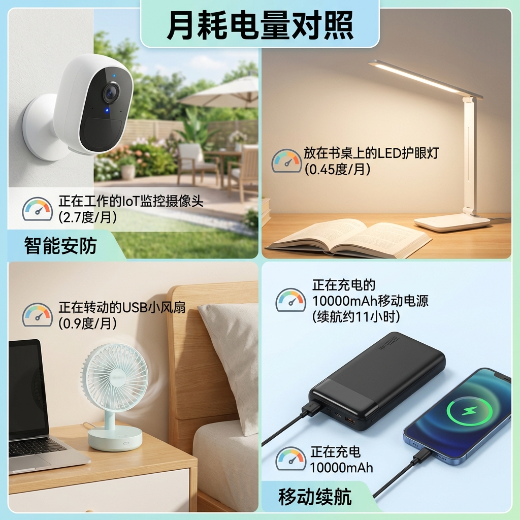 插图展示3W5V设备的典型应用,包括IoT监控摄像头(月耗2.7度)、LED护眼灯(月耗0.45度)、USB小风扇(月耗0.9度),以及一个10000mAh移动电源的约11小时续航能力。