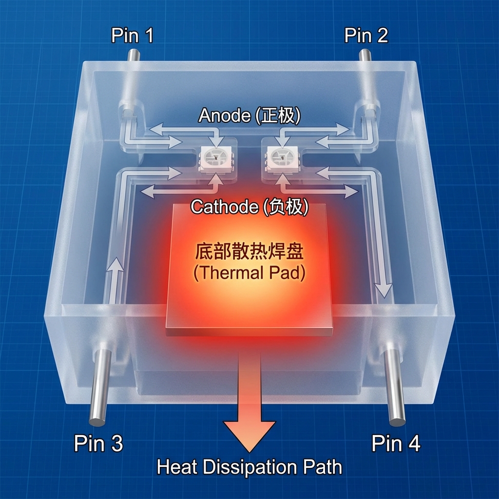 5050四脚LED内部电路与引脚定义示意图,透明显示Pin 1-4两两并联结构,并突出底部散热焊盘(Thermal Pad)及阳极、阴极标识。