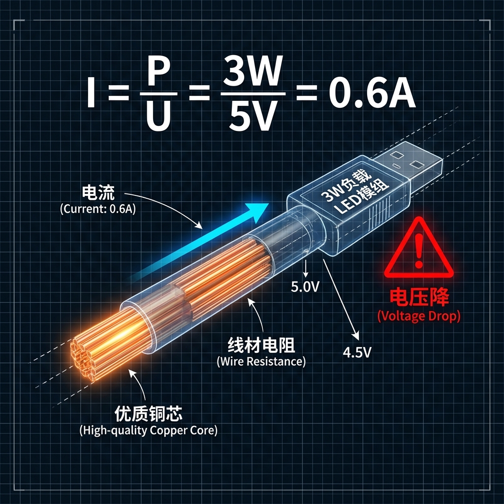 示意图解析5V系统中的电流计算和线损。图示USB数据线将5V电压和0.6A电流传输给3W负载的LED模组,并警示线材电阻导致电压从5.0V下降到4.5V的电压降。