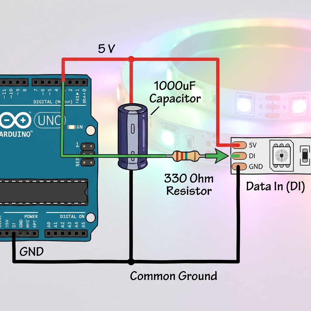 Arduino 与智能 5050 灯带接线示意,显示 1000uF 电容并联、数据线串联 330Ω 电阻并指示共地