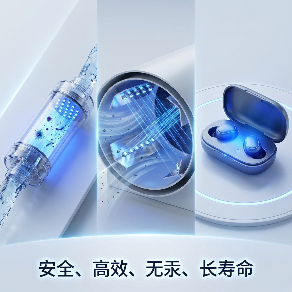 275nm UVC LED在净水器、空气净化系统和便携式消毒设备等多种杀菌场景中的应用实景渲染图