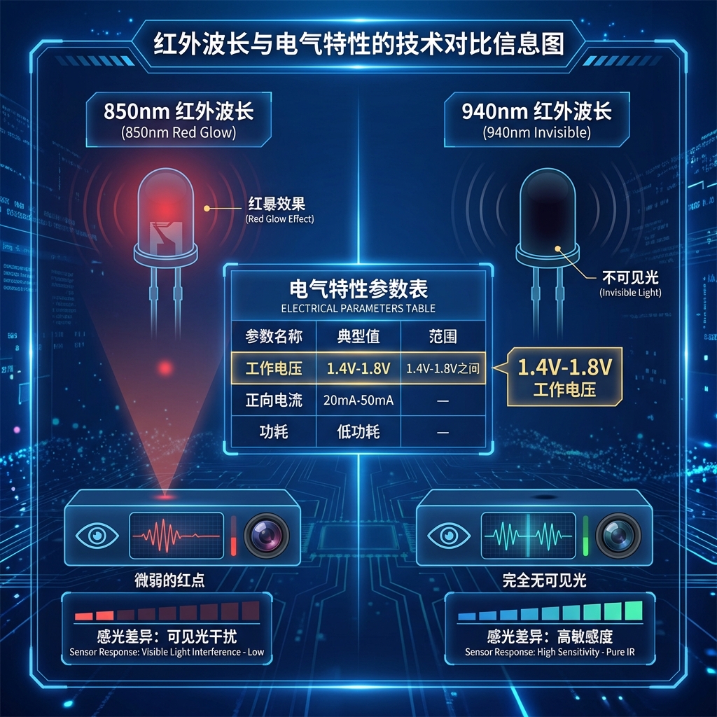 红外LED 850nm与940nm的红暴对比及电气特性参数表