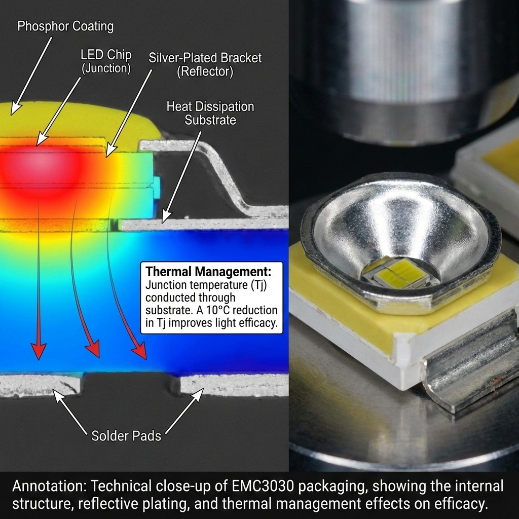 EMC3030 LED封装技术细节图：展示高反射率镀银支架、荧光粉涂层以及热管理对结温和光效提升的关键作用。